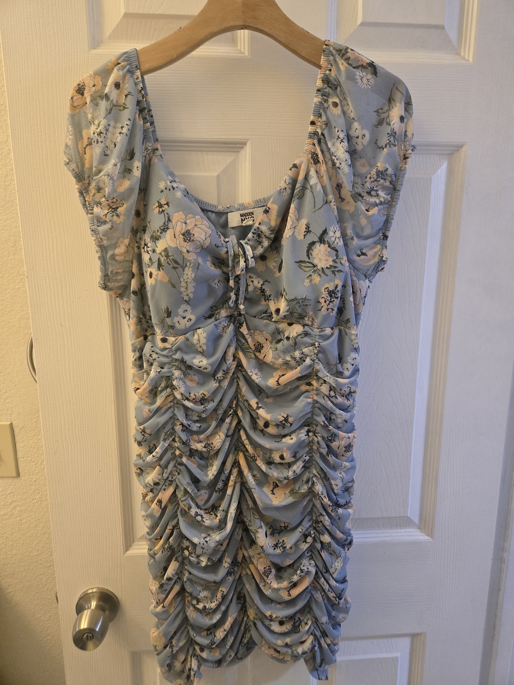 Ruched Floral Midi Dress in Light Blue